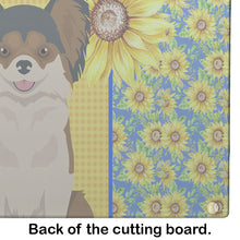 Load image into Gallery viewer, Summer Sunflowers Longhaired Black and Red Chihuahua Glass Cutting Boards – Durable, Decorative Kitchen Art Large