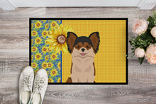 Load image into Gallery viewer, Summer Sunflowers Longhaired Black and Red Chihuahua Doormat - 18x27 Decorative Floor Mat – Indoor/Outdoor Rug with Artistic Flair