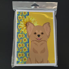 Load image into Gallery viewer, Summer Sunflowers Longhaired Gold Chihuahua Greeting Cards -  Blank Note Cards – 8-Pack of Artist-Designed Cards with Envelopes