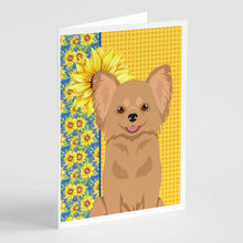 Load image into Gallery viewer, Summer Sunflowers Longhaired Gold Chihuahua Greeting Cards -  Blank Note Cards – 8-Pack of Artist-Designed Cards with Envelopes