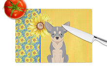Load image into Gallery viewer, Summer Sunflowers Blue and White Chihuahua Glass Cutting Boards – Durable, Decorative Kitchen Art Large