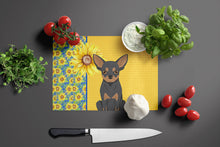 Load image into Gallery viewer, Summer Sunflowers Black and Tan Chihuahua Glass Cutting Boards – Durable, Decorative Kitchen Art Large