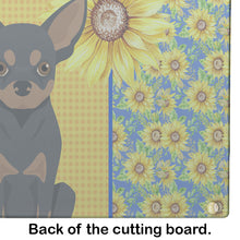 Load image into Gallery viewer, Summer Sunflowers Black and Tan Chihuahua Glass Cutting Boards – Durable, Decorative Kitchen Art Large
