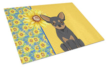 Load image into Gallery viewer, Summer Sunflowers Black and Tan Chihuahua Glass Cutting Boards – Durable, Decorative Kitchen Art Large