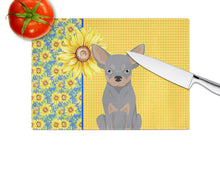 Load image into Gallery viewer, Summer Sunflowers Blue and Tan Chihuahua Glass Cutting Boards – Durable, Decorative Kitchen Art Large