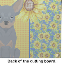 Load image into Gallery viewer, Summer Sunflowers Blue and Tan Chihuahua Glass Cutting Boards – Durable, Decorative Kitchen Art Large