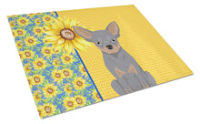 Load image into Gallery viewer, Summer Sunflowers Blue and Tan Chihuahua Glass Cutting Boards – Durable, Decorative Kitchen Art Large