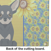 Load image into Gallery viewer, Summer Sunflowers Black and Cream Chihuahua Glass Cutting Boards – Durable, Decorative Kitchen Art Large
