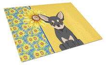 Load image into Gallery viewer, Summer Sunflowers Black and Cream Chihuahua Glass Cutting Boards – Durable, Decorative Kitchen Art Large