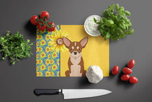Load image into Gallery viewer, Summer Sunflowers Red and White Chihuahua Glass Cutting Boards – Durable, Decorative Kitchen Art Large