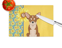 Load image into Gallery viewer, Summer Sunflowers Red and White Chihuahua Glass Cutting Boards – Durable, Decorative Kitchen Art Large