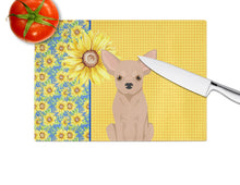 Load image into Gallery viewer, Summer Sunflowers Cream Chihuahua Glass Cutting Boards – Durable, Decorative Kitchen Art Large