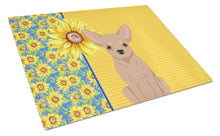 Load image into Gallery viewer, Summer Sunflowers Cream Chihuahua Glass Cutting Boards – Durable, Decorative Kitchen Art Large