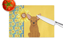 Load image into Gallery viewer, Summer Sunflowers Red Chihuahua Glass Cutting Boards – Durable, Decorative Kitchen Art Large
