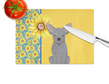 Load image into Gallery viewer, Summer Sunflowers Blue Chihuahua Glass Cutting Boards – Durable, Decorative Kitchen Art Large