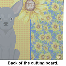 Load image into Gallery viewer, Summer Sunflowers Blue Chihuahua Glass Cutting Boards – Durable, Decorative Kitchen Art Large