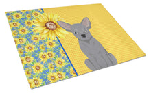 Load image into Gallery viewer, Summer Sunflowers Blue Chihuahua Glass Cutting Boards – Durable, Decorative Kitchen Art Large