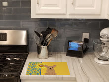 Load image into Gallery viewer, Summer Sunflowers Gold Chihuahua Glass Cutting Boards – Durable, Decorative Kitchen Art Large