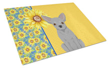 Load image into Gallery viewer, Summer Sunflowers Silver Chihuahua Glass Cutting Boards – Durable, Decorative Kitchen Art Large