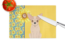 Load image into Gallery viewer, Summer Sunflowers Fawn and White Chihuahua Glass Cutting Boards – Durable, Decorative Kitchen Art Large