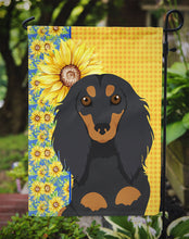 Load image into Gallery viewer, Summer Sunflowers Longhair Black and Tan Dachshund Garden Flag – Decorative Outdoor Yard Flag