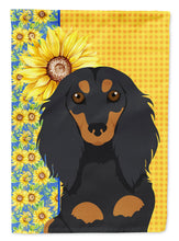 Load image into Gallery viewer, Summer Sunflowers Longhair Black and Tan Dachshund Garden Flag – Decorative Outdoor Yard Flag