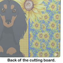 Load image into Gallery viewer, Summer Sunflowers Longhair Black and Tan Dachshund Glass Cutting Boards – Durable, Decorative Kitchen Art Large