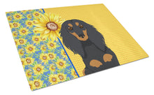 Load image into Gallery viewer, Summer Sunflowers Longhair Black and Tan Dachshund Glass Cutting Boards – Durable, Decorative Kitchen Art Large