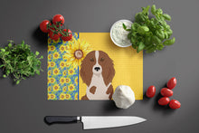 Load image into Gallery viewer, Summer Sunflowers Longhair Red Pedbald Dachshund Glass Cutting Boards – Durable, Decorative Kitchen Art Large