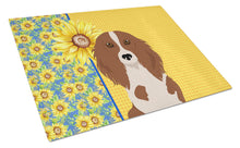 Load image into Gallery viewer, Summer Sunflowers Longhair Red Pedbald Dachshund Glass Cutting Boards – Durable, Decorative Kitchen Art Large