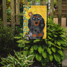Load image into Gallery viewer, Summer Sunflowers Longhair Blue and Tan Dapple Dachshund Garden Flag – Decorative Outdoor Yard Flag