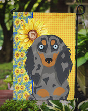 Load image into Gallery viewer, Summer Sunflowers Longhair Blue and Tan Dapple Dachshund Garden Flag – Decorative Outdoor Yard Flag