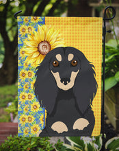 Load image into Gallery viewer, Summer Sunflowers Longhair Black and Cream Dachshund Garden Flag – Decorative Outdoor Yard Flag