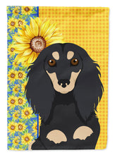 Load image into Gallery viewer, Summer Sunflowers Longhair Black and Cream Dachshund Garden Flag – Decorative Outdoor Yard Flag