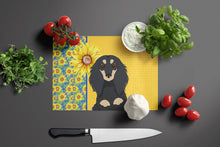 Load image into Gallery viewer, Summer Sunflowers Longhair Black and Cream Dachshund Glass Cutting Boards – Durable, Decorative Kitchen Art Large