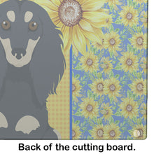 Load image into Gallery viewer, Summer Sunflowers Longhair Black and Cream Dachshund Glass Cutting Boards – Durable, Decorative Kitchen Art Large