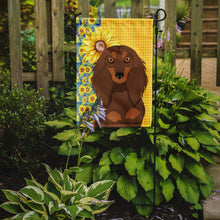 Load image into Gallery viewer, Summer Sunflowers Longhair Chocolate and Tan Dachshund Garden Flag – Decorative Outdoor Yard Flag