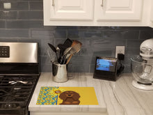 Load image into Gallery viewer, Summer Sunflowers Longhair Chocolate and Tan Dachshund Glass Cutting Boards – Durable, Decorative Kitchen Art Large