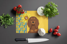 Load image into Gallery viewer, Summer Sunflowers Longhair Chocolate and Tan Dachshund Glass Cutting Boards – Durable, Decorative Kitchen Art Large
