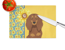 Load image into Gallery viewer, Summer Sunflowers Longhair Chocolate and Tan Dachshund Glass Cutting Boards – Durable, Decorative Kitchen Art Large