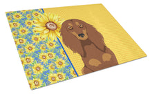 Load image into Gallery viewer, Summer Sunflowers Longhair Chocolate and Tan Dachshund Glass Cutting Boards – Durable, Decorative Kitchen Art Large