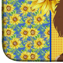 Load image into Gallery viewer, Summer Sunflowers Longhair Chocolate and Cream Dachshund Dish Drying Mat – Absorbent, Artistic Kitchen Essentials