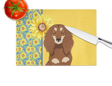 Load image into Gallery viewer, Summer Sunflowers Longhair Chocolate and Cream Dachshund Glass Cutting Boards – Durable, Decorative Kitchen Art Large
