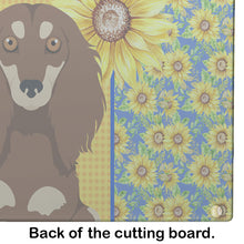 Load image into Gallery viewer, Summer Sunflowers Longhair Chocolate and Cream Dachshund Glass Cutting Boards – Durable, Decorative Kitchen Art Large