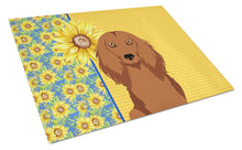 Load image into Gallery viewer, Summer Sunflowers Longhair Red Dachshund Glass Cutting Boards – Durable, Decorative Kitchen Art Large