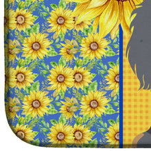 Load image into Gallery viewer, Summer Sunflowers Longhair Blue and Tan Dachshund Dish Drying Mat – Absorbent, Artistic Kitchen Essentials
