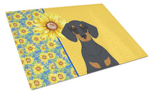 Load image into Gallery viewer, Summer Sunflowers Black and Tan Dachshund Glass Cutting Boards – Durable, Decorative Kitchen Art Large