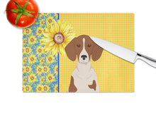 Load image into Gallery viewer, Summer Sunflowers Red Piebald Dachshund Glass Cutting Boards – Durable, Decorative Kitchen Art Large