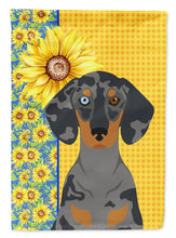 Load image into Gallery viewer, Summer Sunflowers Black Dapple Dachshund Garden Flag – Decorative Outdoor Yard Flag