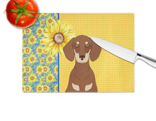 Load image into Gallery viewer, Summer Sunflowers Chocolate and Cream Dachshund Glass Cutting Boards – Durable, Decorative Kitchen Art Large